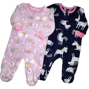 2 Absorba 6 Mos Girl Fleece Footed Sleeper Lot Rainbow Unicorn Star Cloud NWOT